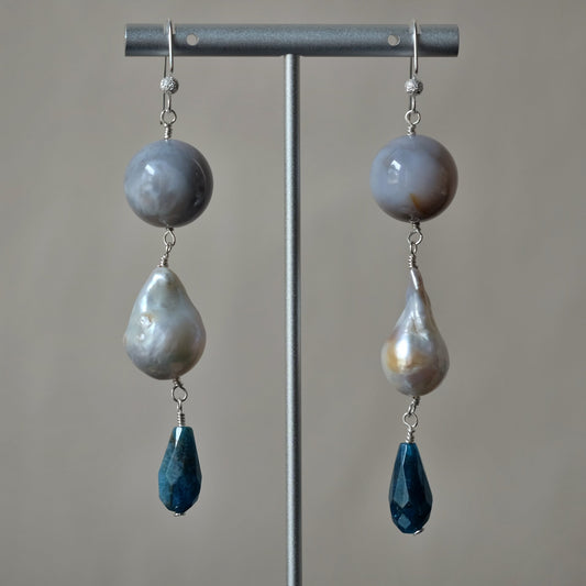 Large Dangle Earrings with Apatite, Pearl and Agate