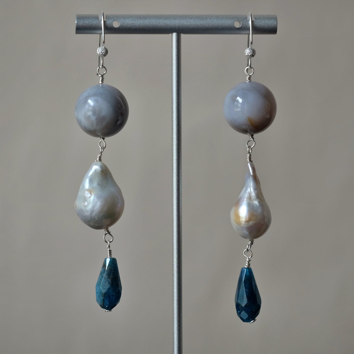 Large Dangle Earrings with Apatite, Pearl and Agate