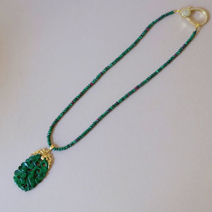 18K Gold Vintage Carved Jade Pendant with Ruby Zoisite Necklace
