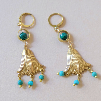 Malachite and Turquoise Lotus Earrings