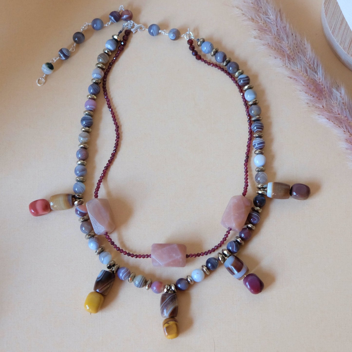 Agate, Garnet and Pink Moonstone Necklace