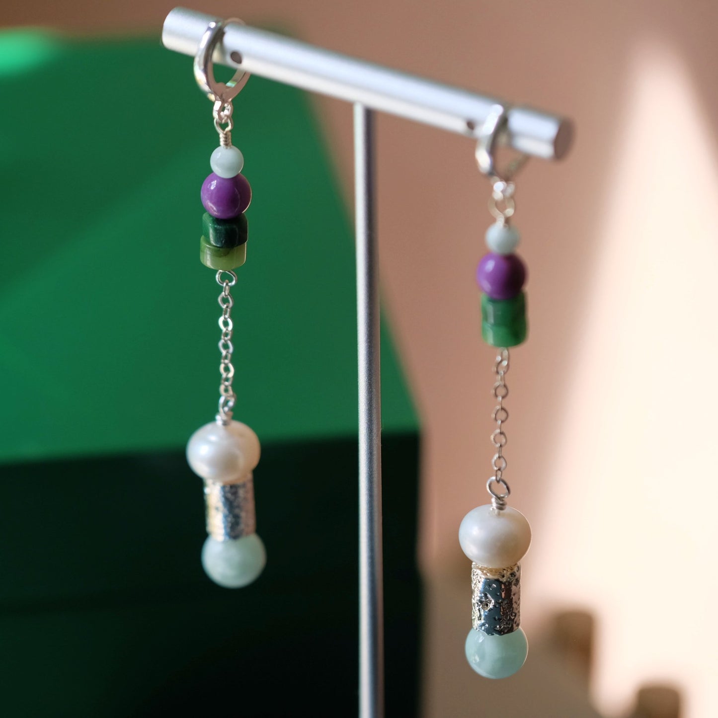 Dangle Earrings with Pearls, Jade and Moonstone