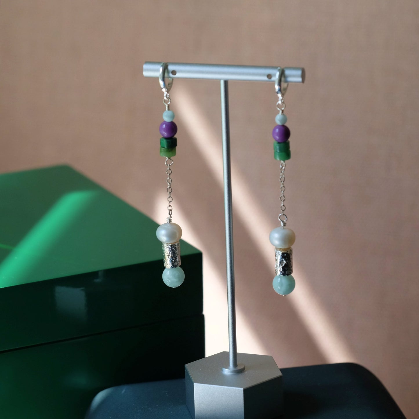Dangle Earrings with Pearls, Jade and Moonstone