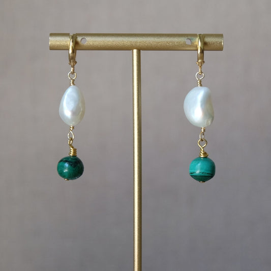Malachite and Pearl Dangle Earrings