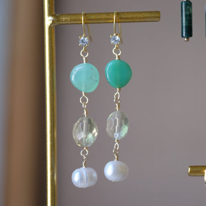 Dangle Earrings with Chrysoprase, Citrine and Pearls