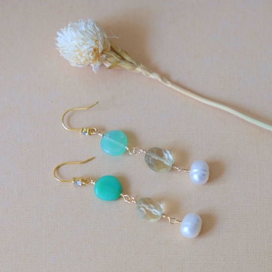 Dangle Earrings with Chrysoprase, Citrine and Pearls