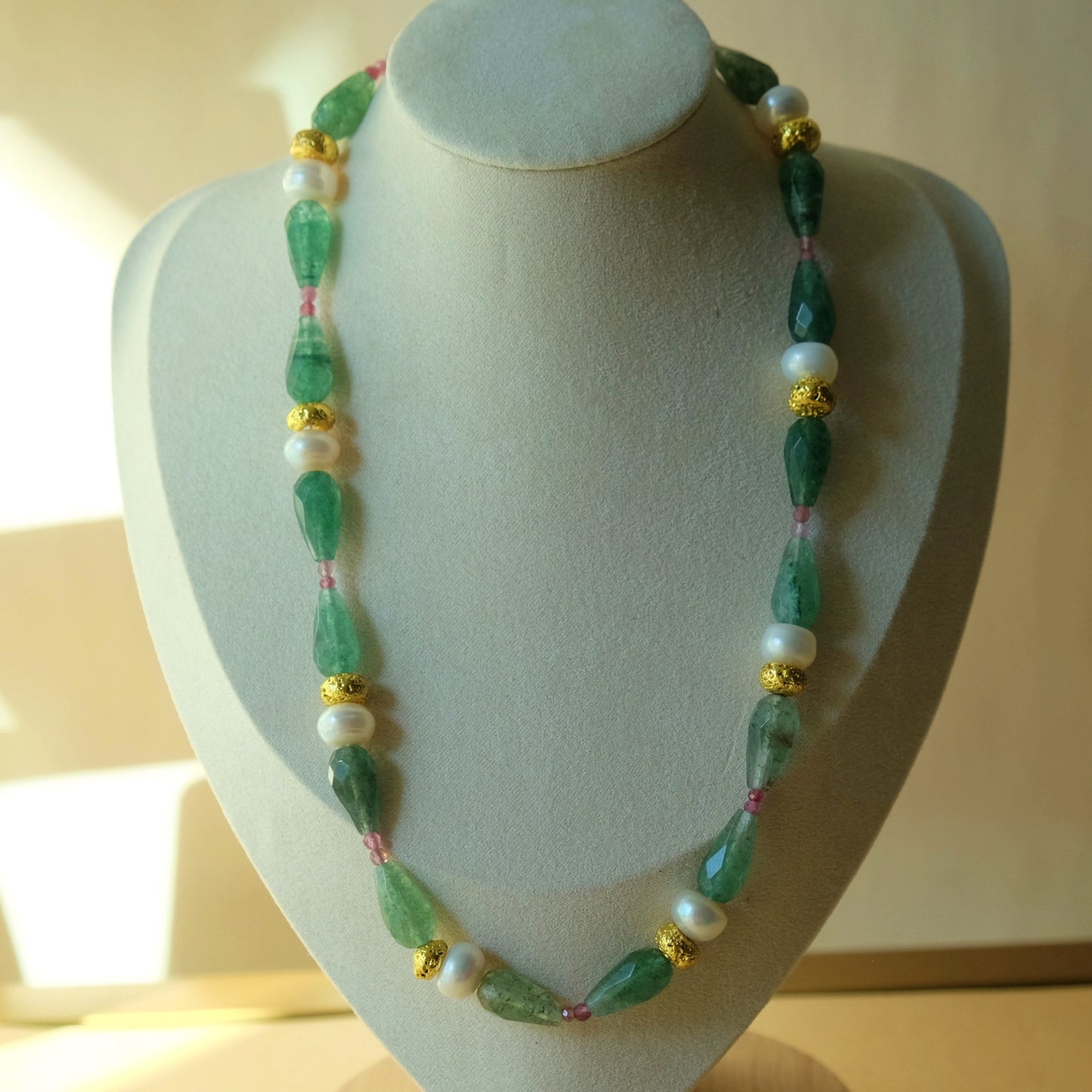 Green Chalcedony, Tourmaline and Pearl Necklace