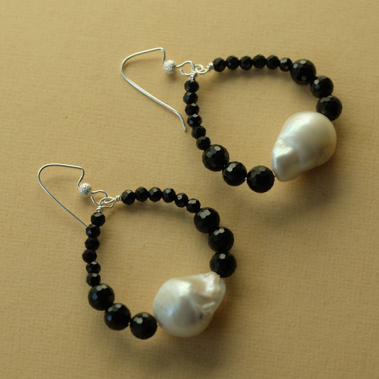 Baroque Pearl and Black Spinel Hoops