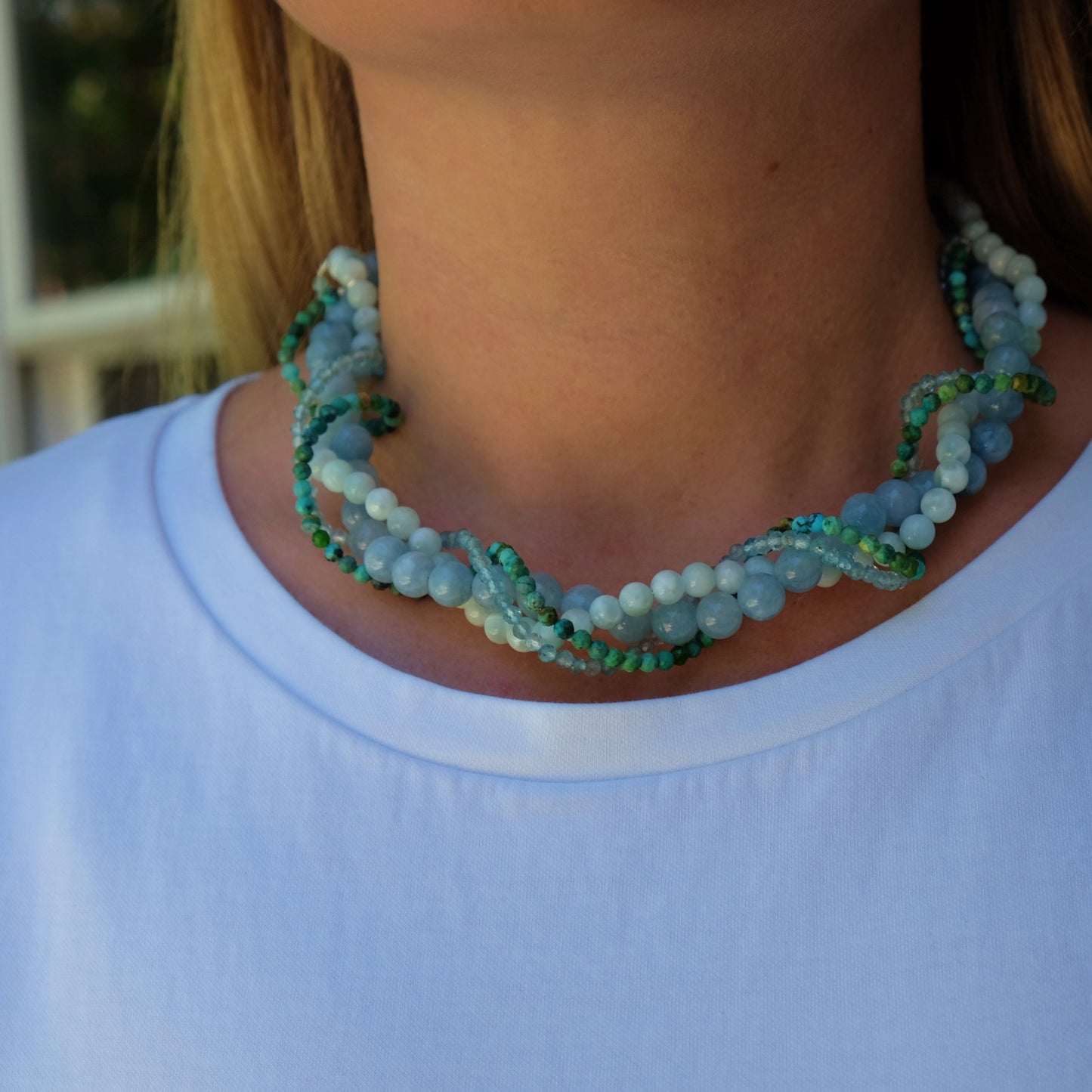 Moonstone, Aqua Stone and Turquoise Waive Necklace