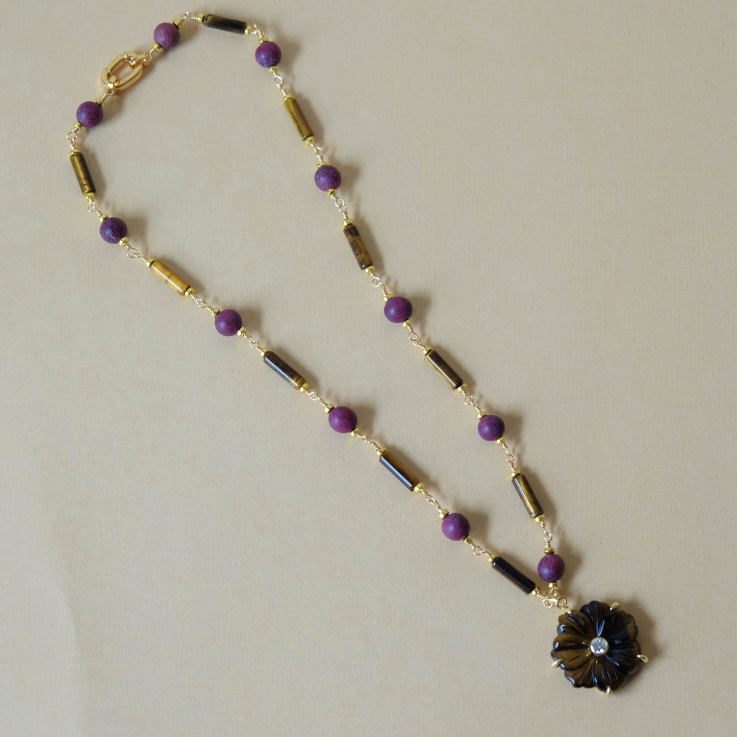 Tiger Eye and Rosewood Flower Necklace