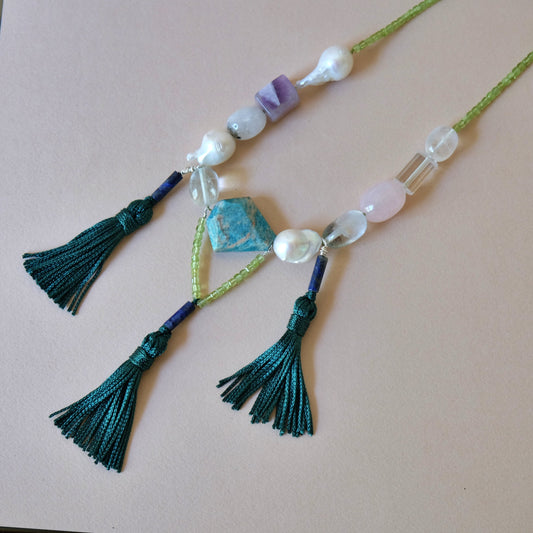 One of a kind necklace with Peridot, Baroque Pearl, Quartz and Amazonite