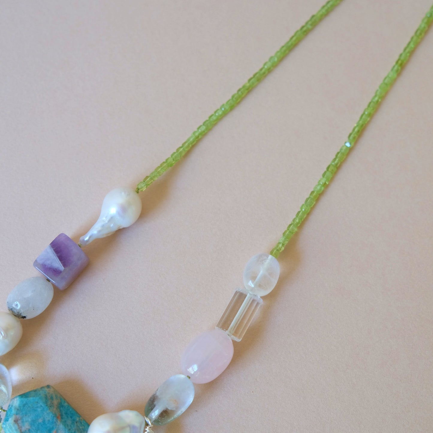 One of a kind necklace with Peridot, Baroque Pearl, Quartz and Amazonite