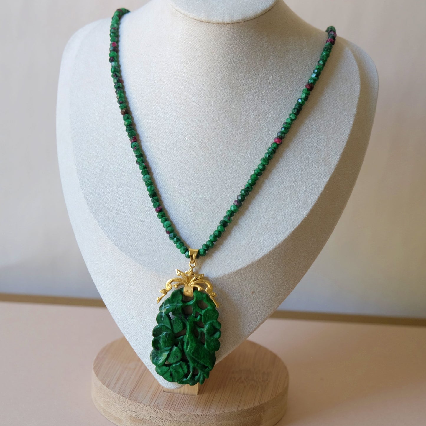 18K Gold Vintage Carved Jade Pendant with Ruby Zoisite Necklace