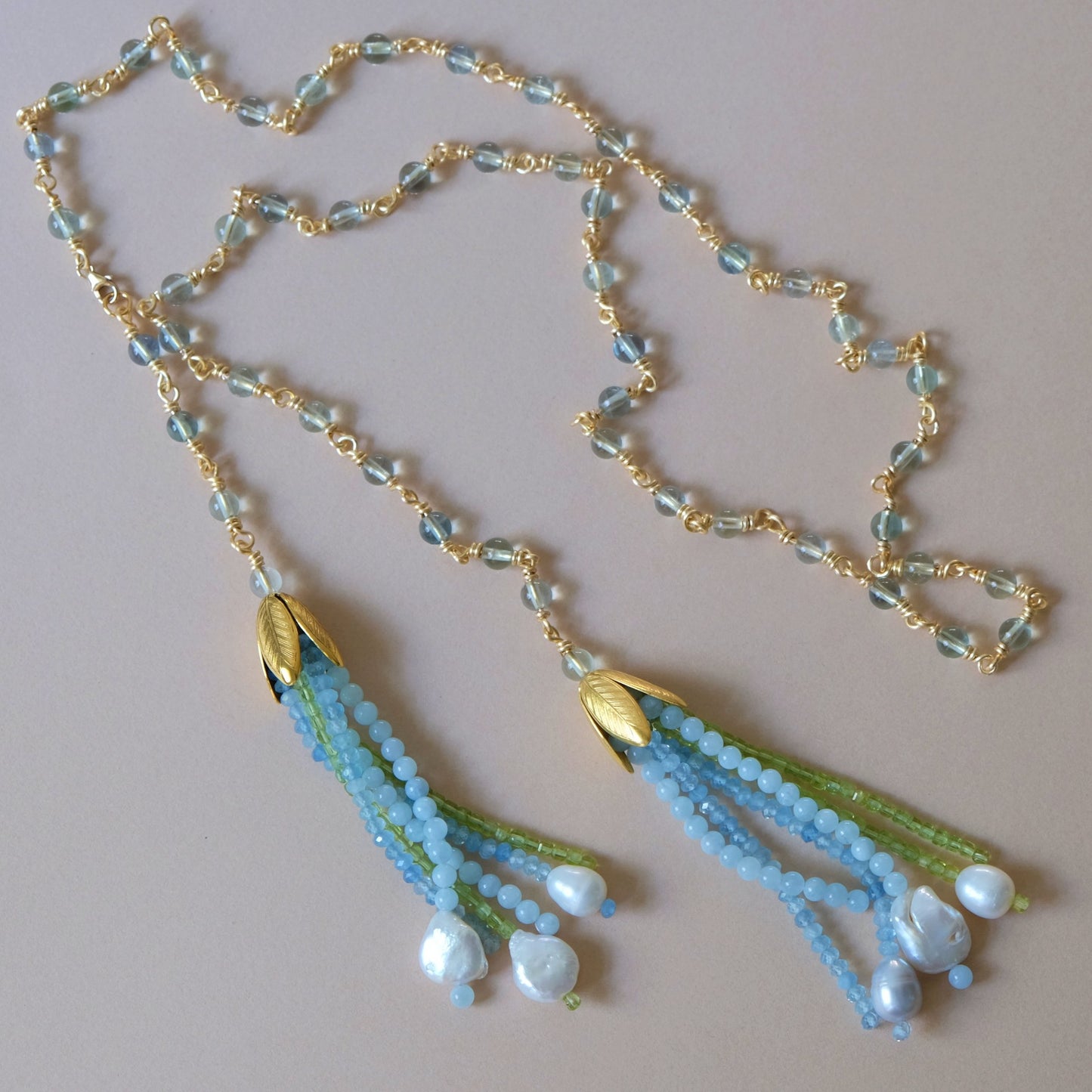 One of a kind Aquamarine, Peridot and Freshwater Pearl Flapper Necklace