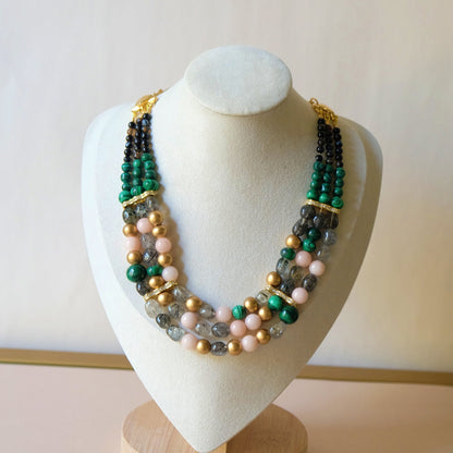 Tree row gemstone necklace with Malachite, Quartz and Wood Beads