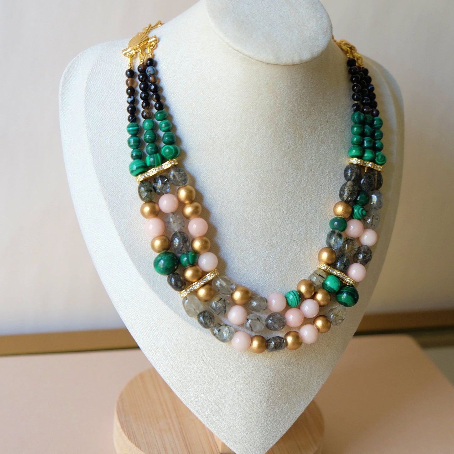 Tree row gemstone necklace with Malachite, Quartz and Wood Beads
