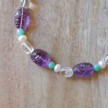 One of a kind carved amethyst, quartz snd pearl necklace
