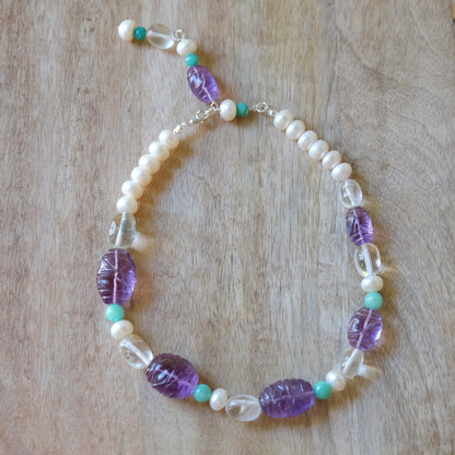 One of a kind carved amethyst, quartz snd pearl necklace