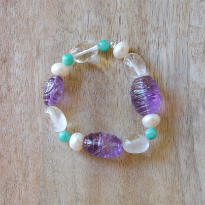 One of a kind carved amethyst, quartz and pearl bracelet