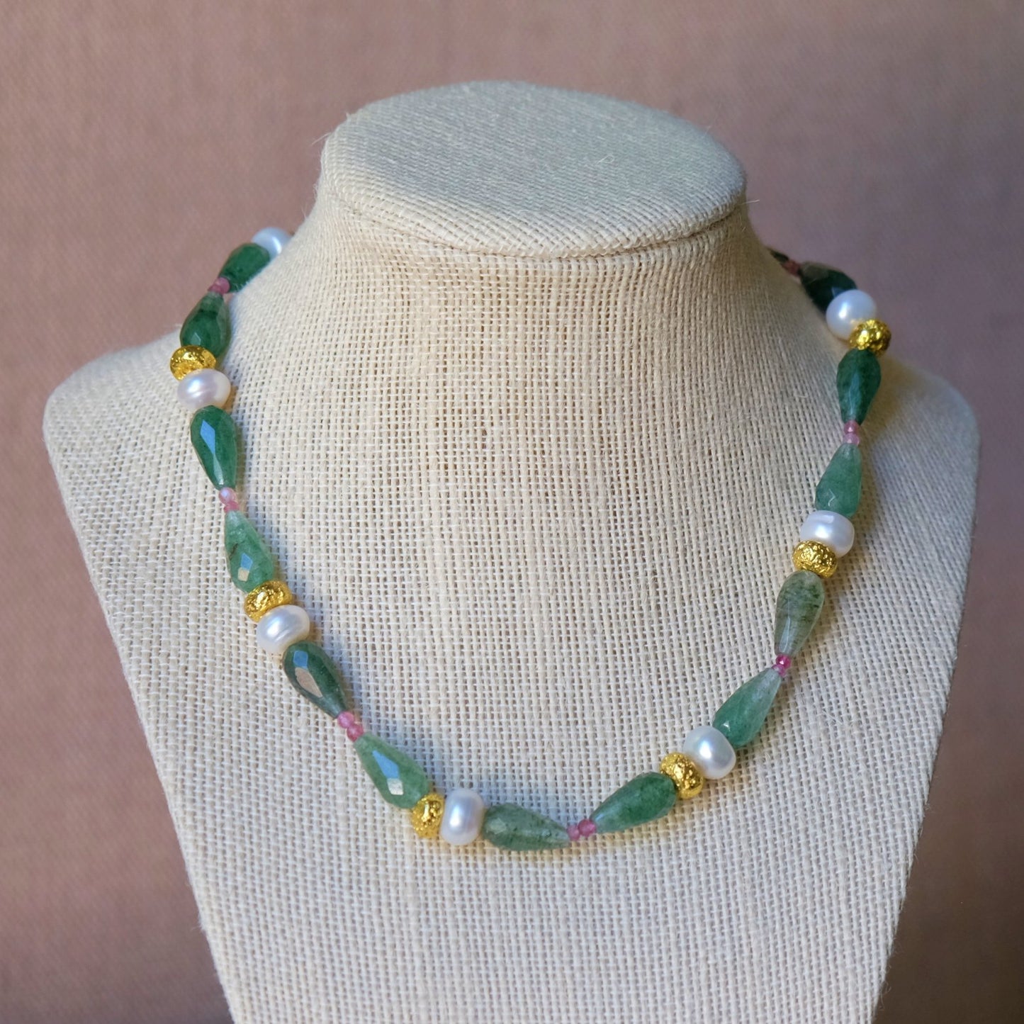 Green Chalcedony, Tourmaline and Pearl Necklace