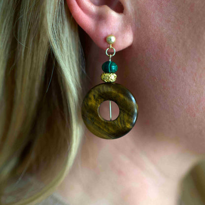 Round Earrings with Tiger Eye