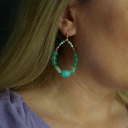 Hoop Earrings with Tourmaline, Chrysoprase and Amazonite